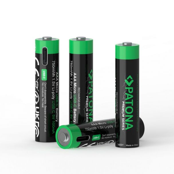 PATONA Premium USB-C 4x AAA oplaadbare batterijen Lithium met USB-C 750mWh 1.5V